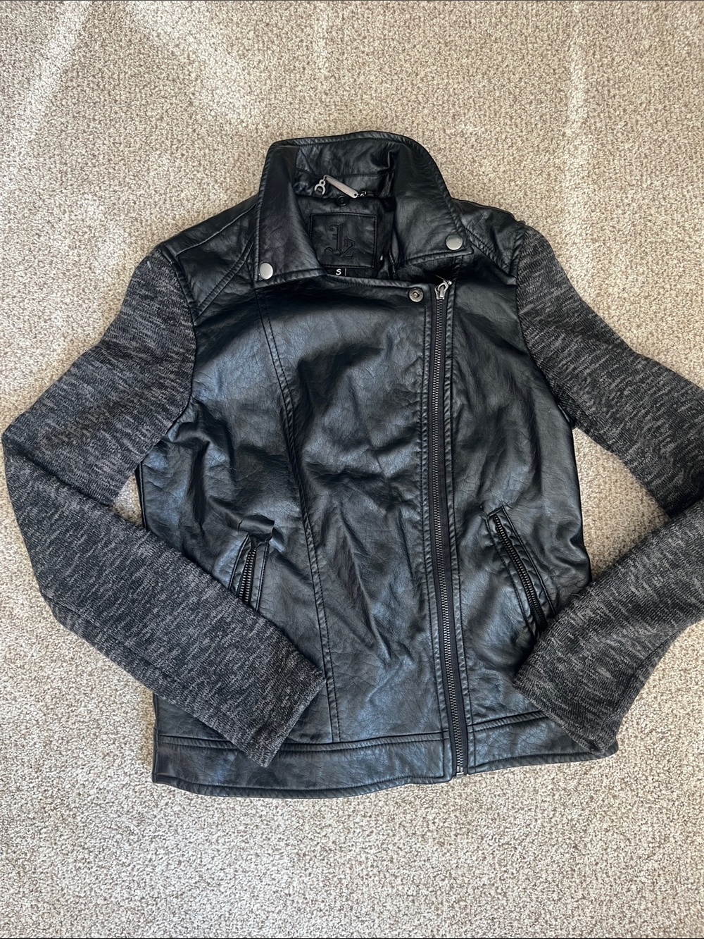 Women's Black Faux Leather Moto Jacket with Knit Sleeves